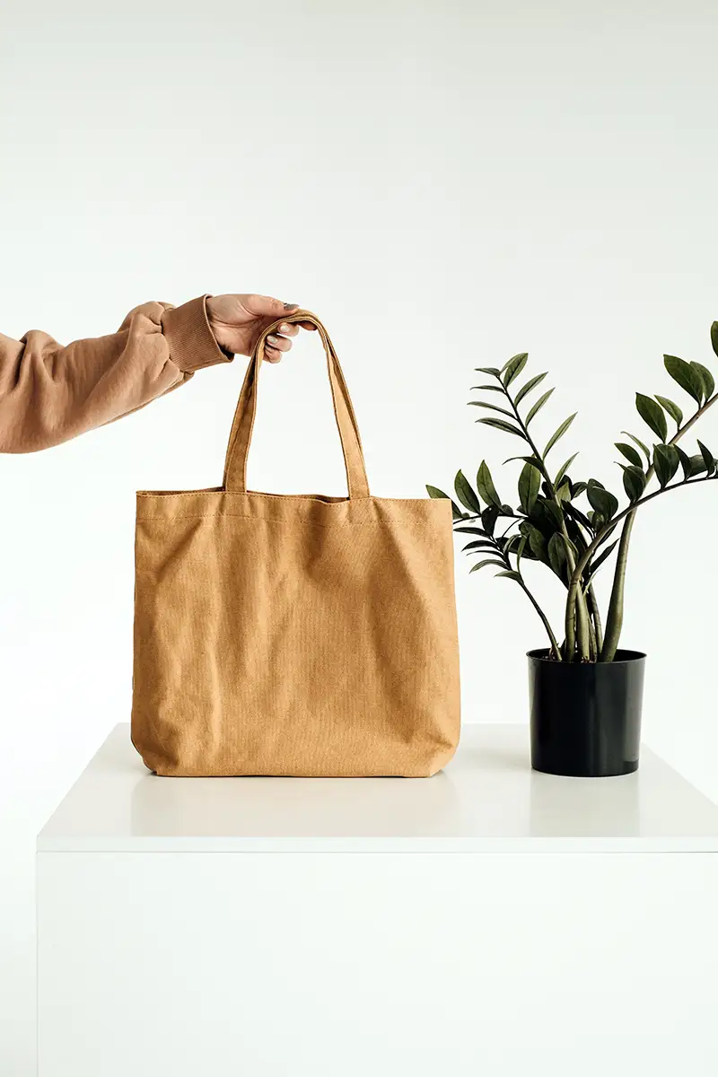 Mulher segurando uma sacola de algodão cru sobre uma mesa com vaso de planta fazendo alusão a como a moda pode ser verde
