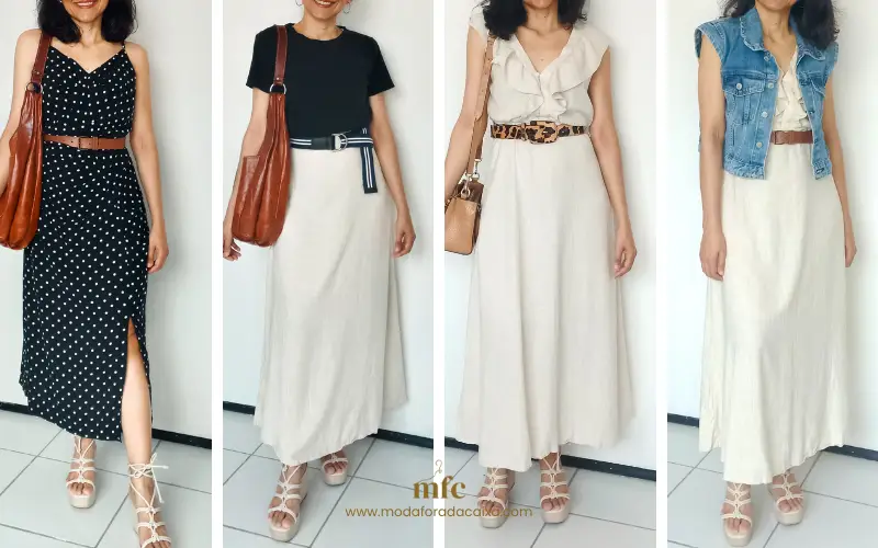 Sequência de looks da minicápsula repetindo um vestido poá, colete jeans e vestido bege